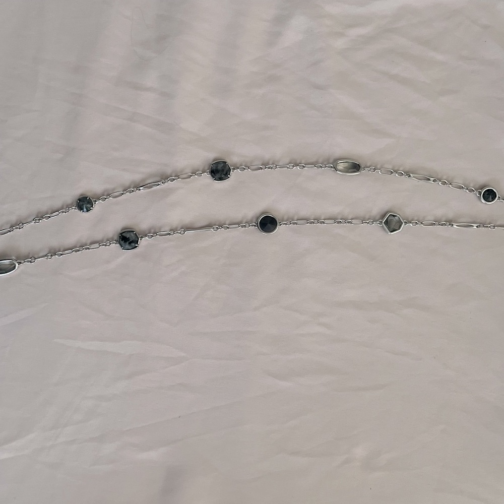 Rhodium long necklace. Sage colored stones. Excellent used condition.